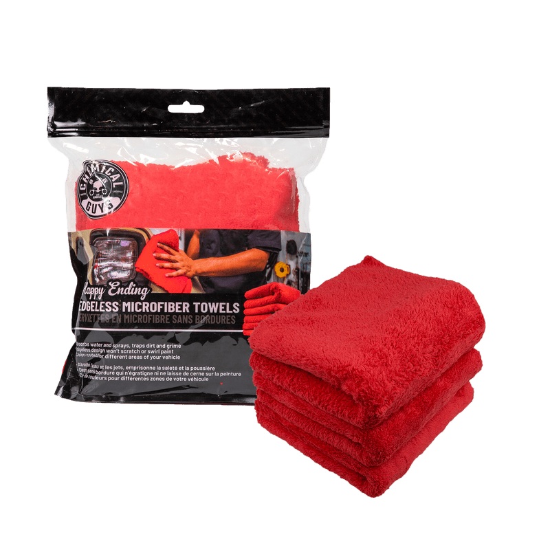 Chemical Guys Happy Ending Ultra Edgeless Microfiber Towel – 16in x 16in – Red – 3 Pack