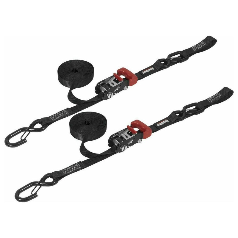 1″x15′ Ratchet Tie Down with Snap S Hooks and Soft Tie (2 Pack) Black