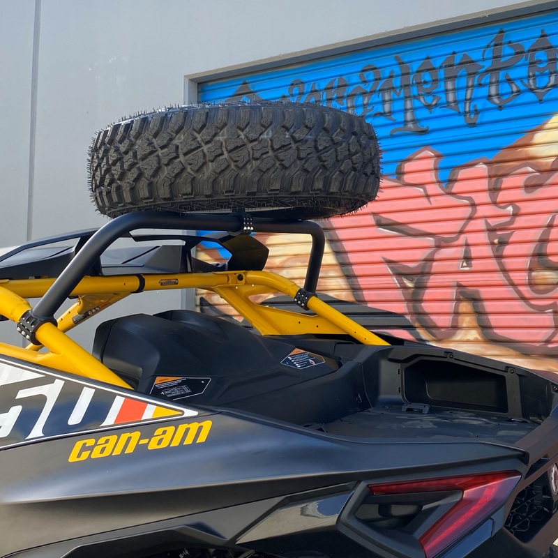 Can Am Maverick R Above The Roof Dual Clamp Spare Tire Mount Raw Stock Wheels and Tires