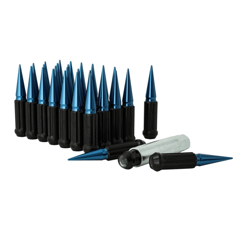 Small Diameter Spline Spike Lug Nuts – 13/16″ & 7/8″ Dual Hex Key – 14mm x 1.50 Thread Size – Blue Finish – Set of 32