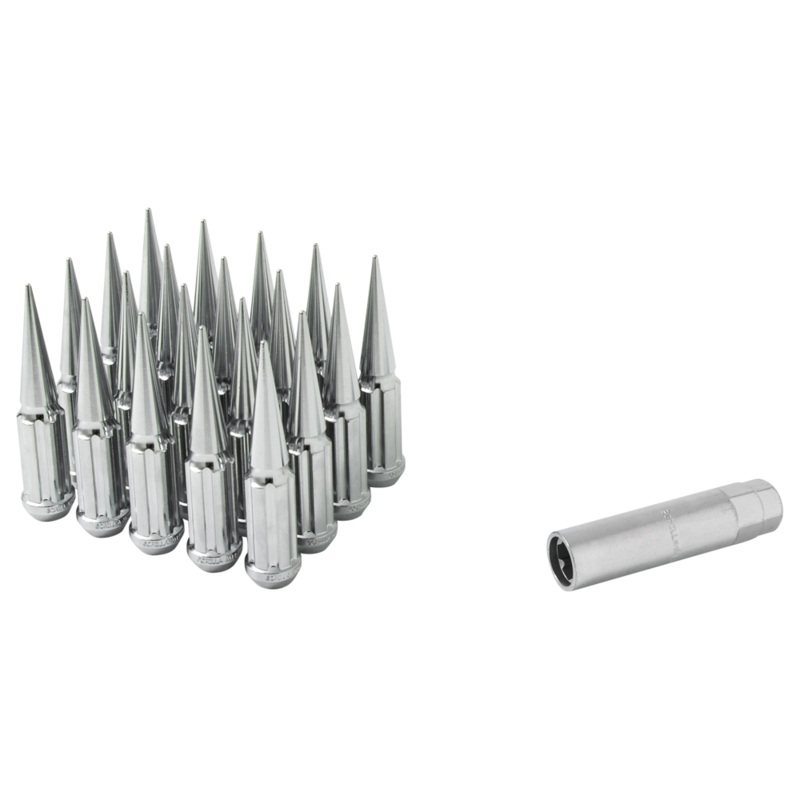Small Diameter Spline Spike Lug Nuts – 13/16″ & 7/8″ Dual Hex Key – 14mm x 2.00 Thread Size – Chrome Finish – Set of 32