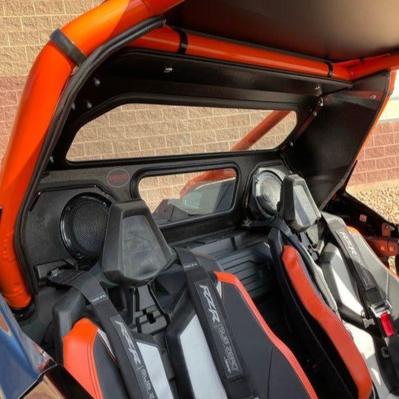 Polaris RZR Pro R (2022-2024) with Rockford Fosgate Speakers Rear Windshield 2 Seater Textured Black Semi White Emblem
